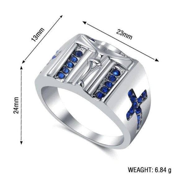 Silver cross ring with blue accent stones. - Picture 2 of 2